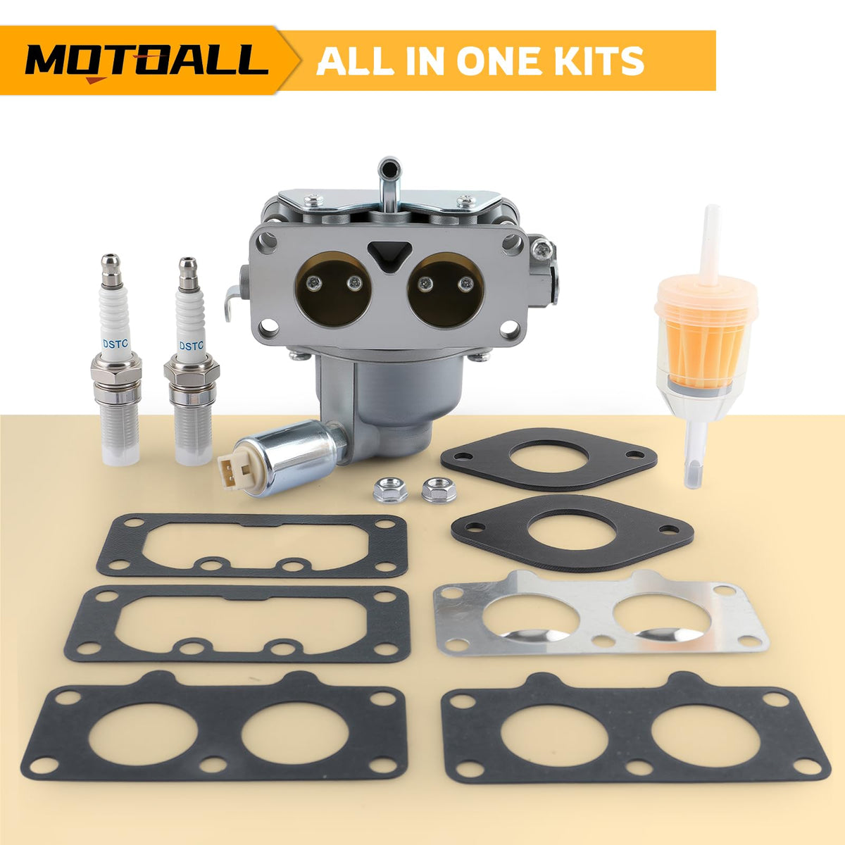MOTOALL package contents with spark plugs and oil filter to simplify tune‑up
