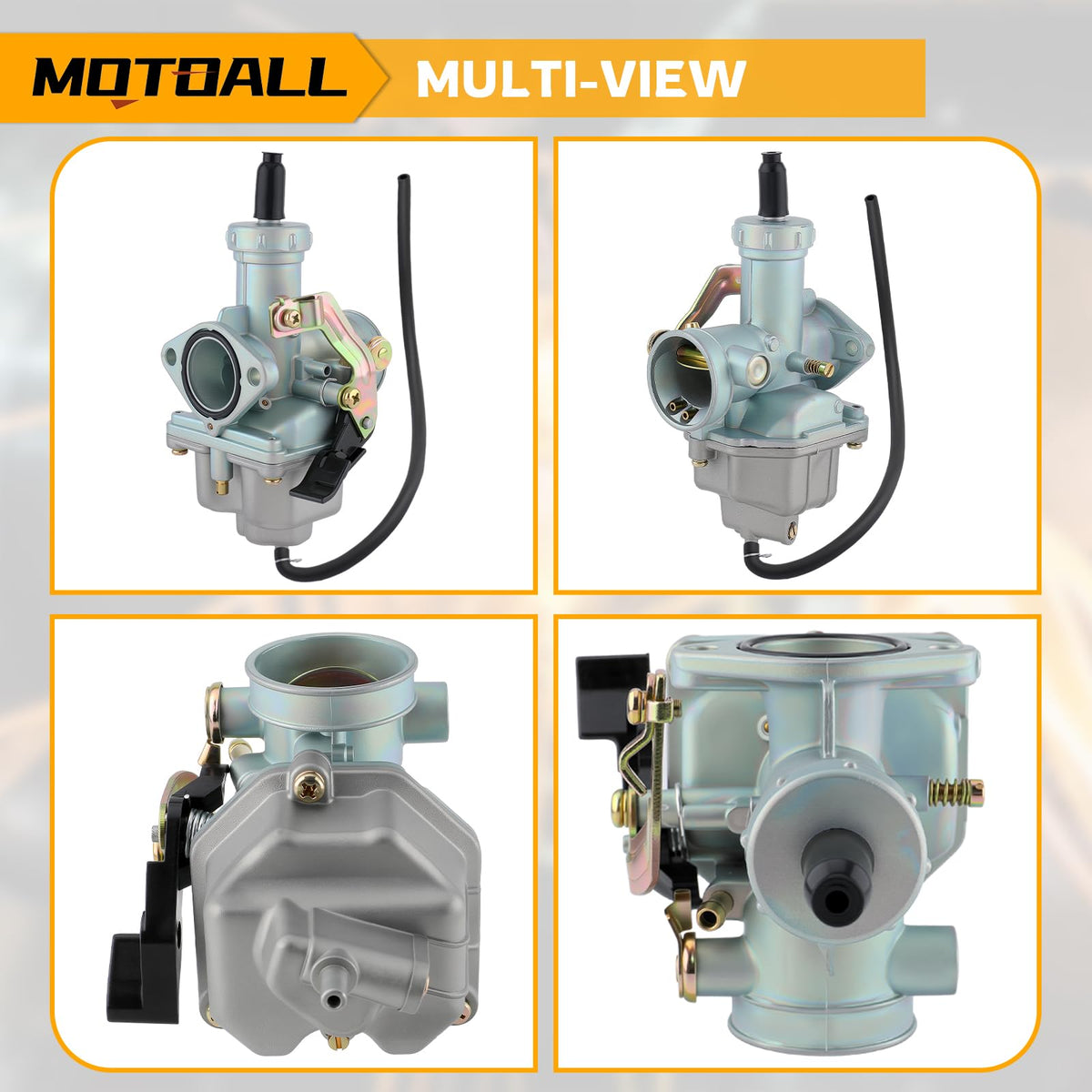 MOTOALL carburetor beside ruler showing 27mm intake fit measurement