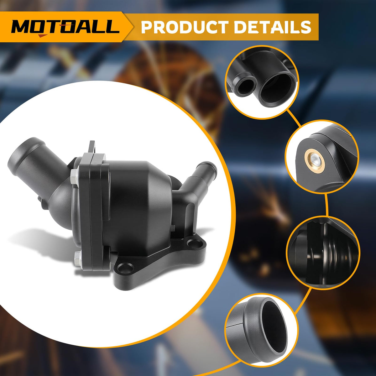MOTOALL thermostat housing installed in engine bay demonstrating correct fitment benefit