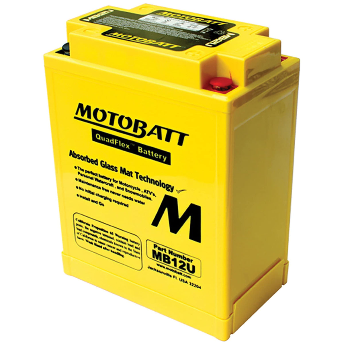 MotoBatt MB12U front view showing compact sealed case and clear label for easy identification and fit