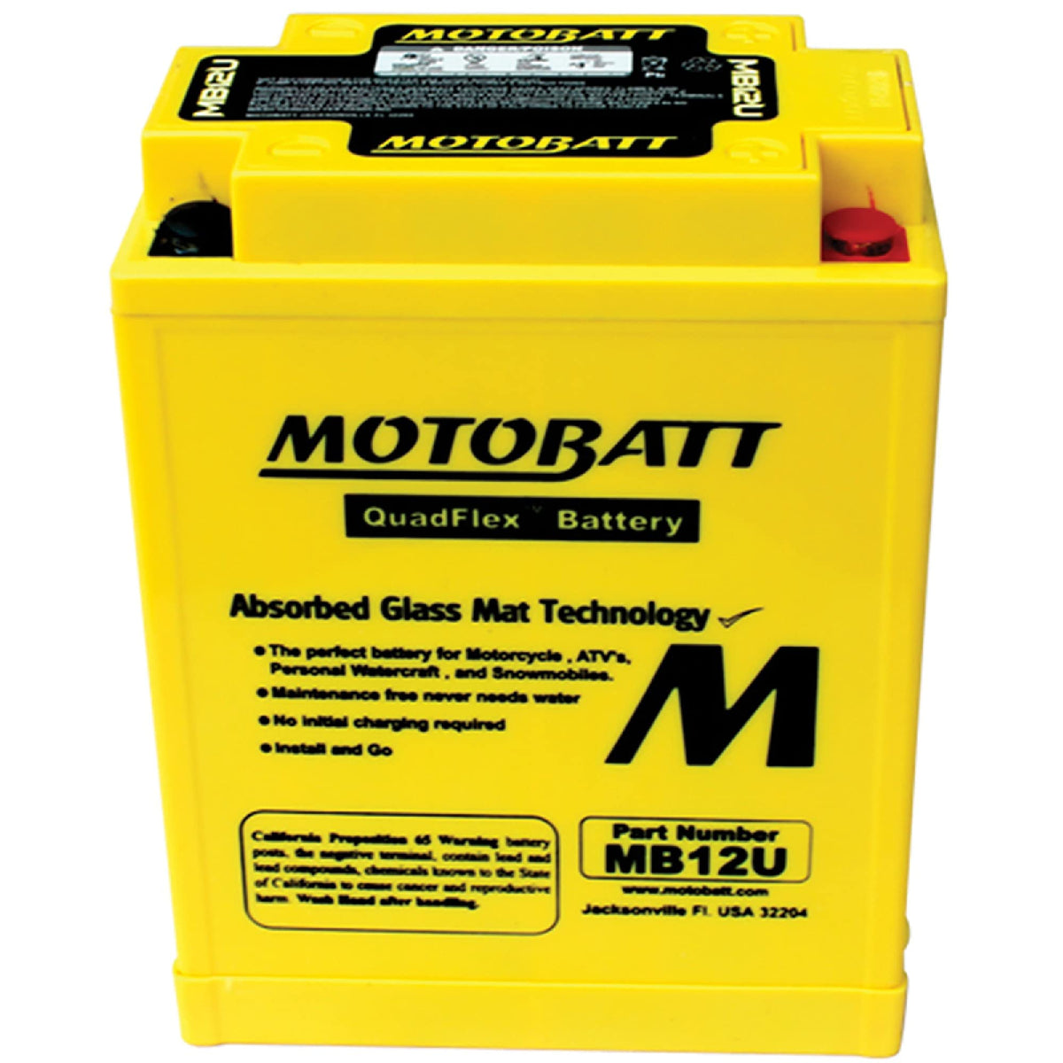 MotoBatt MB12U terminal close-up highlighting quadflex terminals and recessed cover for versatile connections