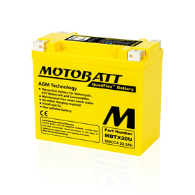 MotoBatt MBTX20U front packaging showing battery and ready-to-install benefit