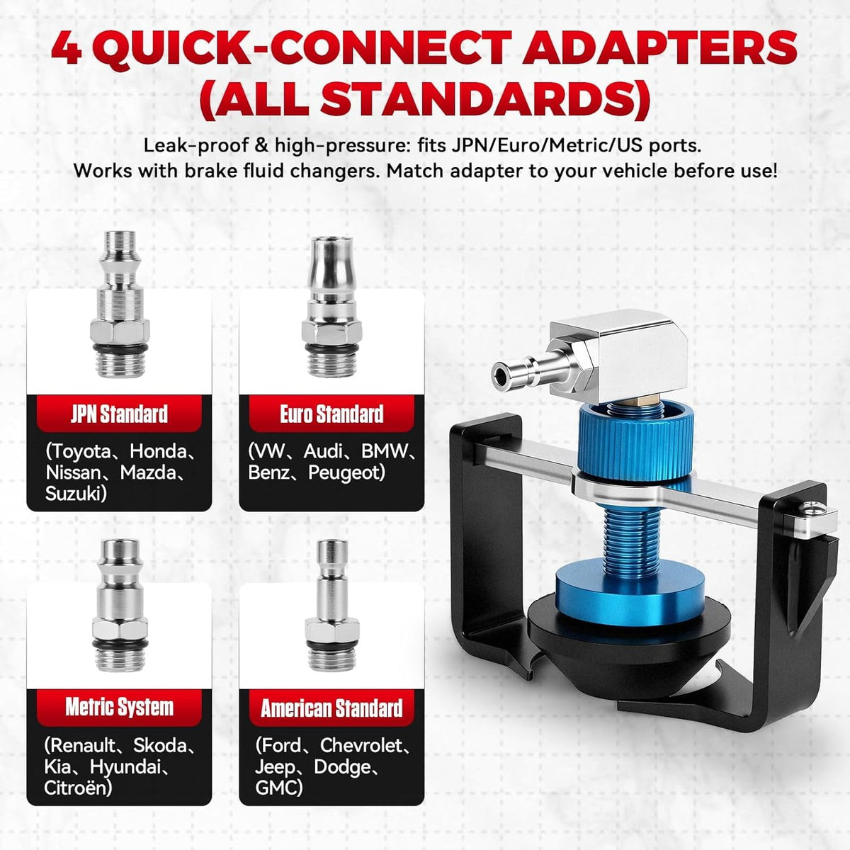 MOTOCOCHE four quick couplings displayed for multi-standard compatibility