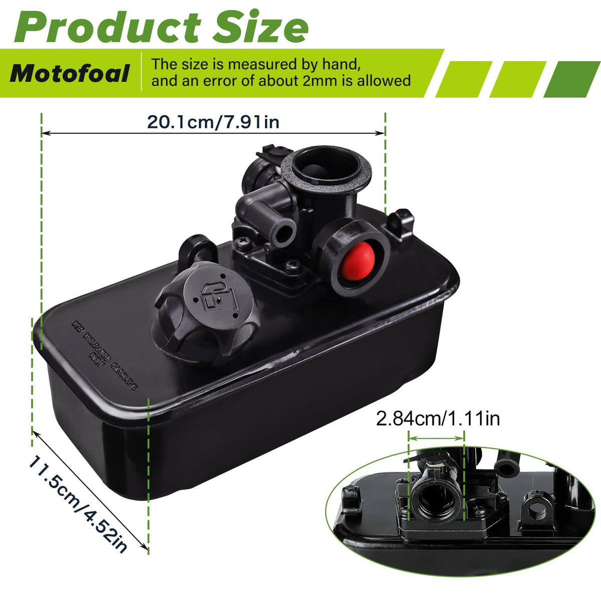 Motofoal metal carburetor close-up showing durable construction benefit