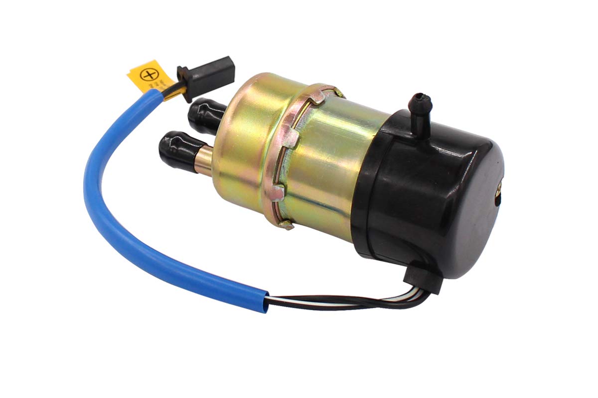 MOTOKU fuel pump installed on motorcycle fuel line, demonstrates fit on Kawasaki or Honda models