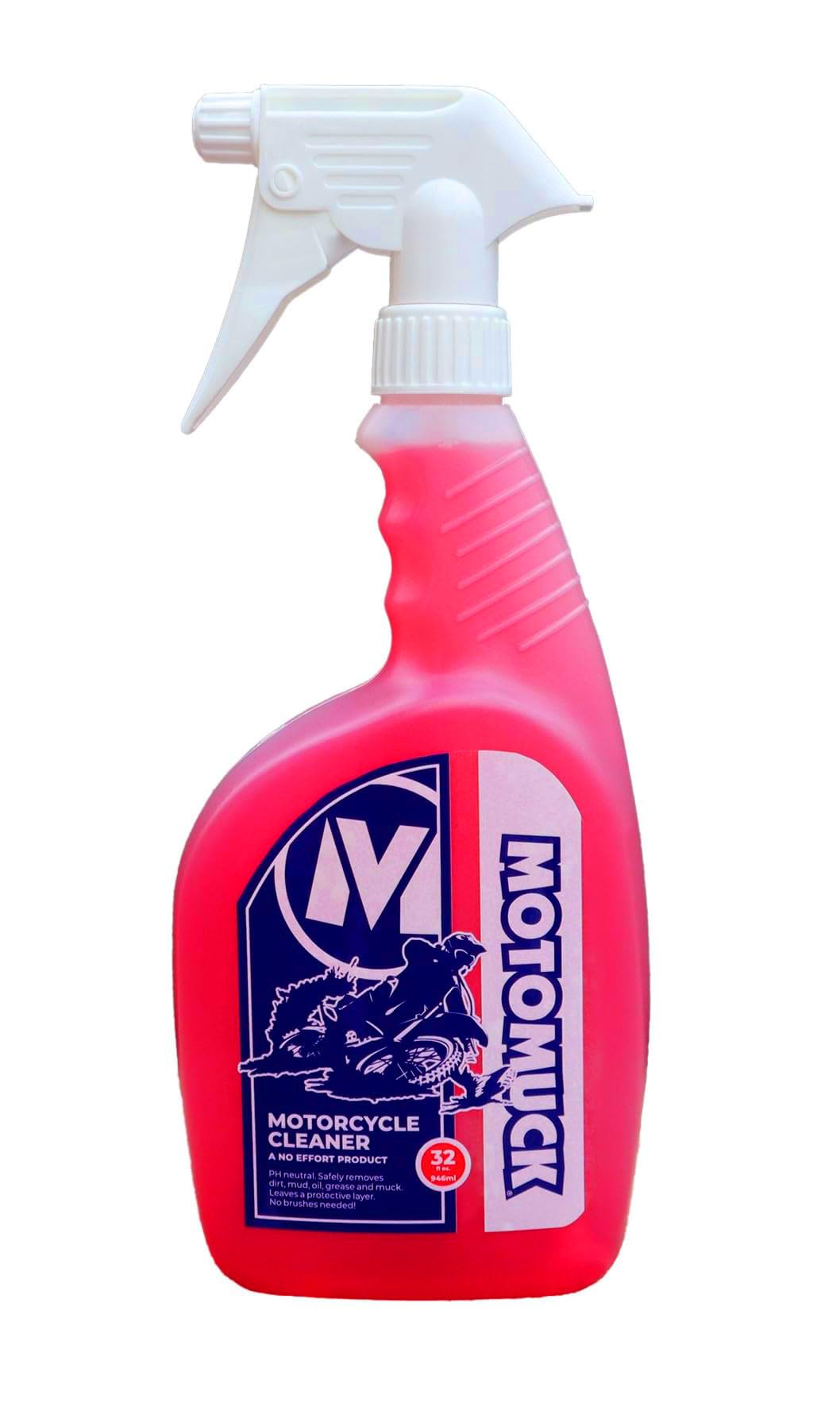 Motomuck bottle front view showing label and 32 oz size for clear identification and convenience