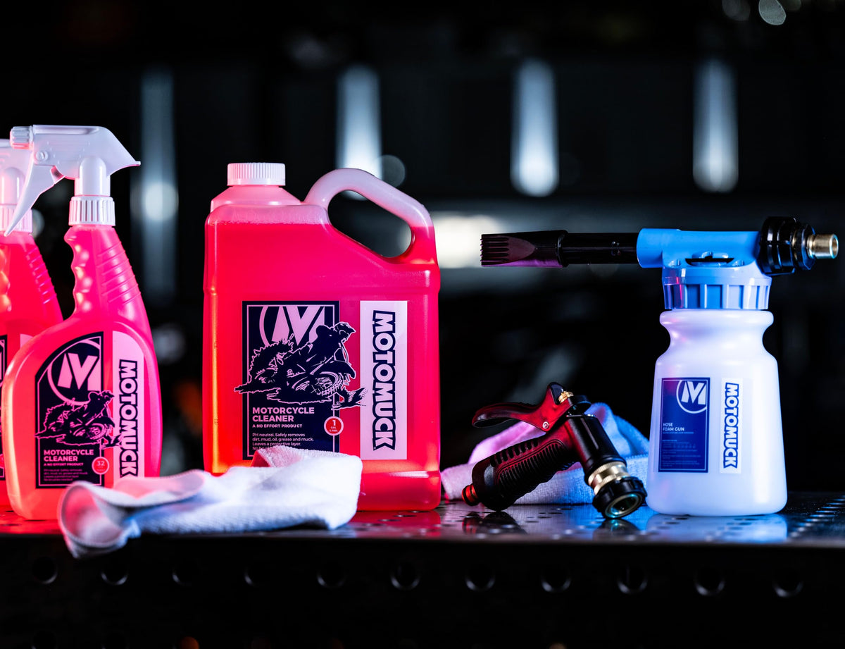 Motomuck being used to wash a motorcycle showing effective grime removal