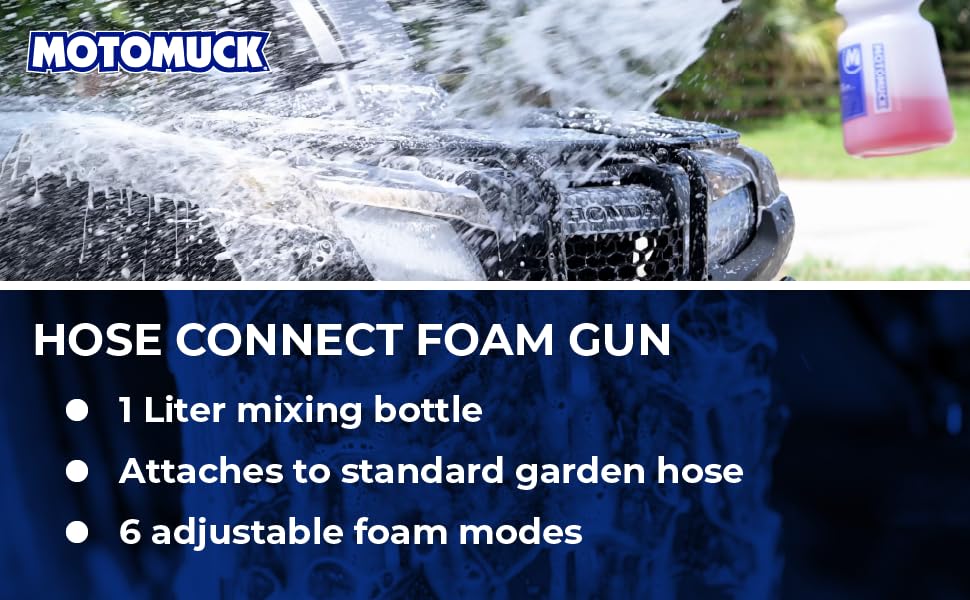 Motomuck foam gun in use producing dense foam on a car for safer dirt removal