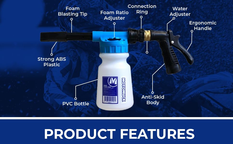 Motomuck nozzle close-up highlighting adjustable spray settings for precise foam control