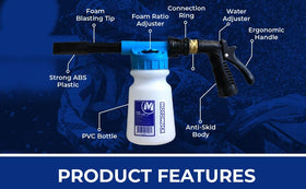 Motomuck nozzle close-up highlighting adjustable spray settings for precise foam control