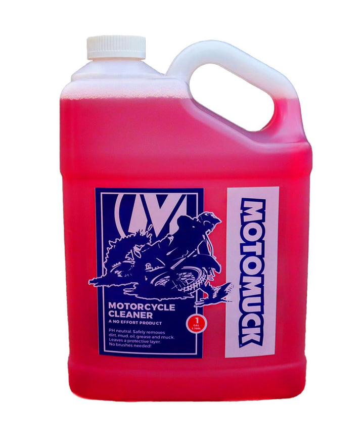 Motomuck gallon bottle front view showing label and refill convenience