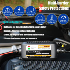 MOTOPOWER alligator clips attached to battery posts for quick temporary charging benefit