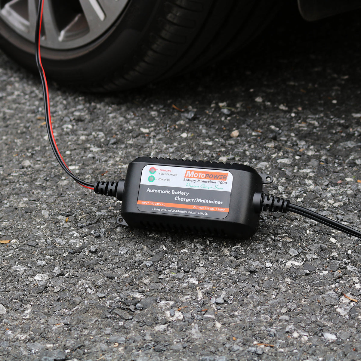 MOTOPOWER AC plug and cable detail showing durable cord and secure power connection benefit