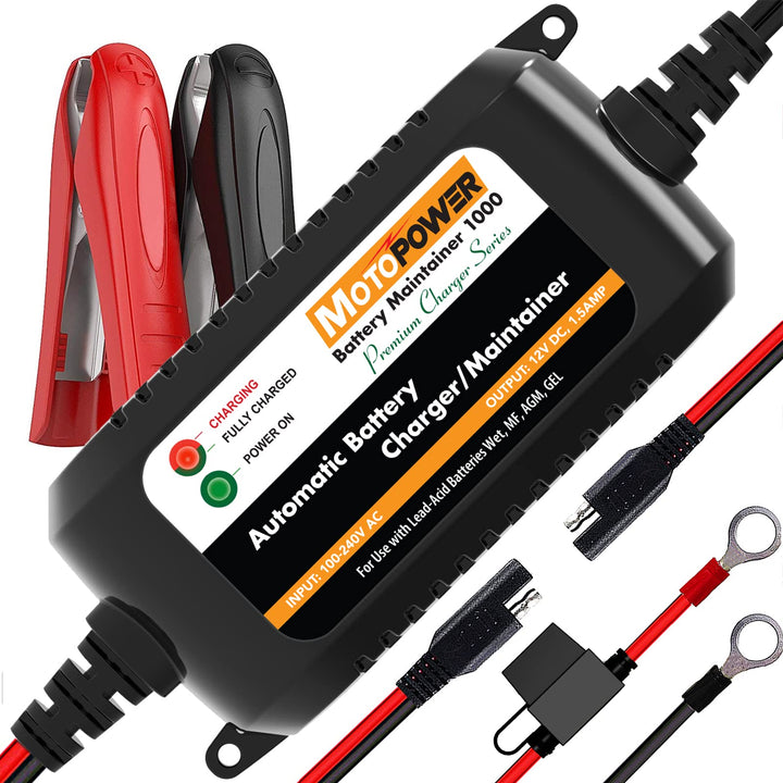 MOTOPOWER front view of charger showing compact housing and label benefit portability