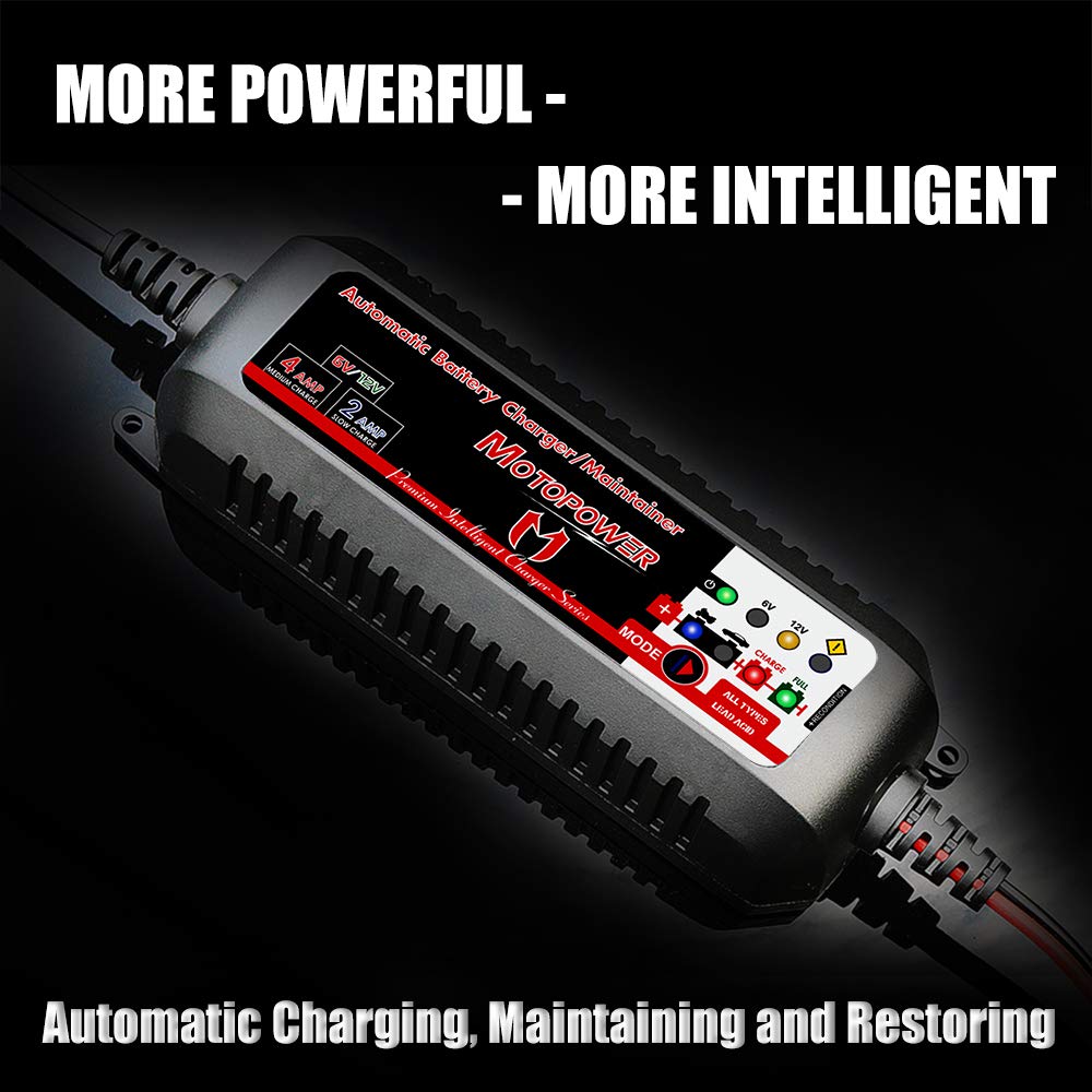 MOTOPOWER close-up LED panel showing voltage and charge-status clarity