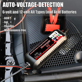 MOTOPOWER connected to a motorcycle battery demonstrating easy maintenance