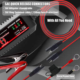 MOTOPOWER MP00207A clamps attached to a motorcycle battery demonstrating safe charging