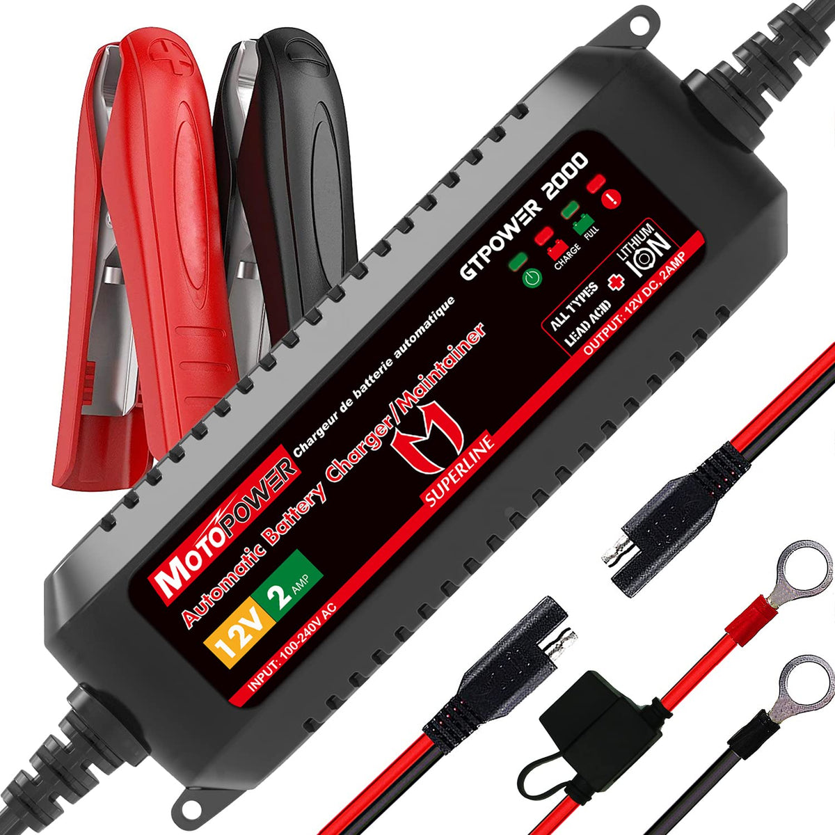 MOTOPOWER MP00207A front view showing compact charger and ports for easy storage