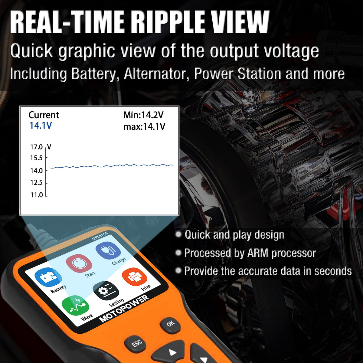 MOTOPOWER MP0515A handheld size comparison illustrating portability and storeability