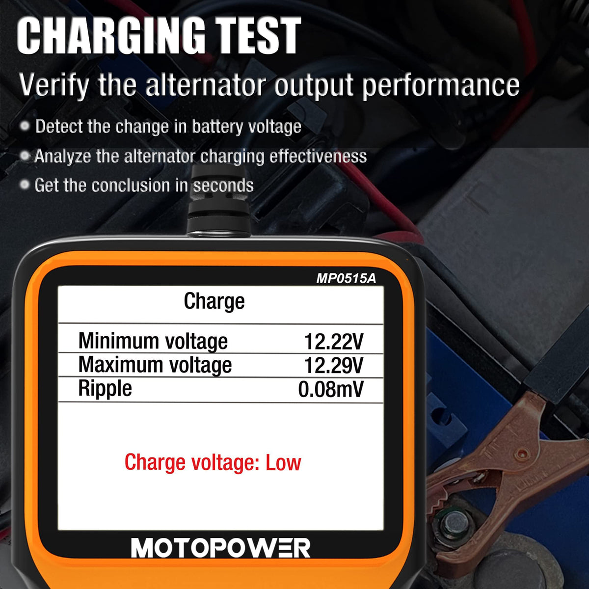 MOTOPOWER MP0515A testing inside a car demonstrating battery and alternator checks