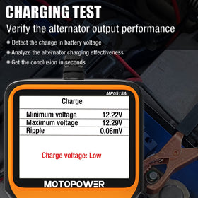 MOTOPOWER MP0515A testing inside a car demonstrating battery and alternator checks