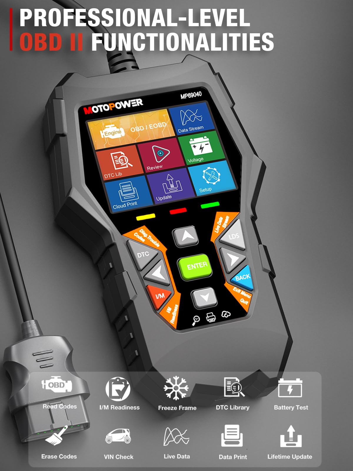 MOTOPOWER MP69040 held next to a smartphone showing compact size and portability benefit