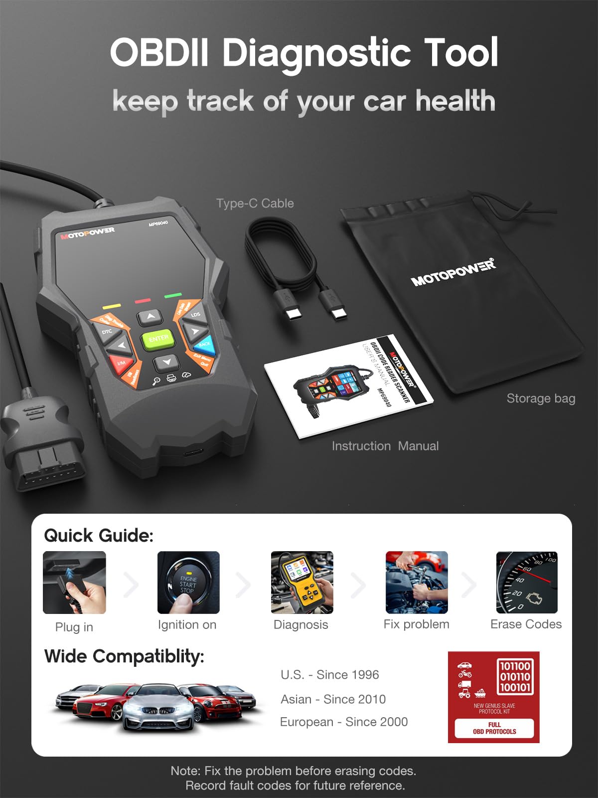 MOTOPOWER MP69040 OBD2 connector cable plugged into device showing easy hookup benefit