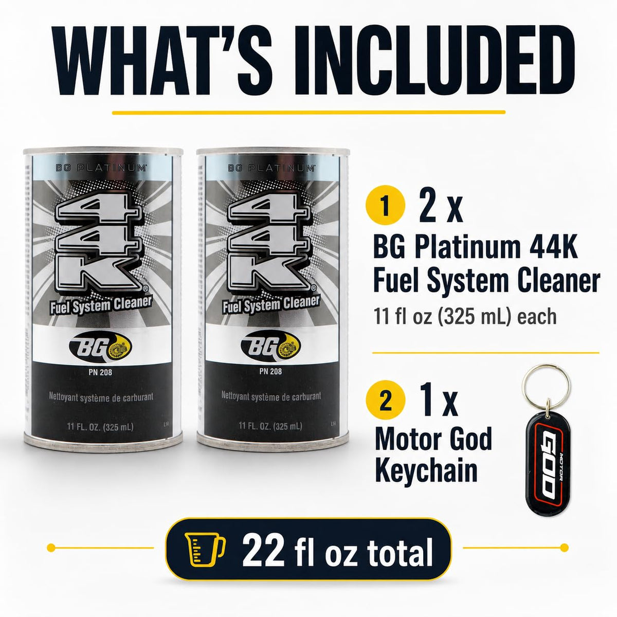 Motor God BG Platinum 44K close-up of label and nozzle highlighting clear dosing instructions and formula benefits
