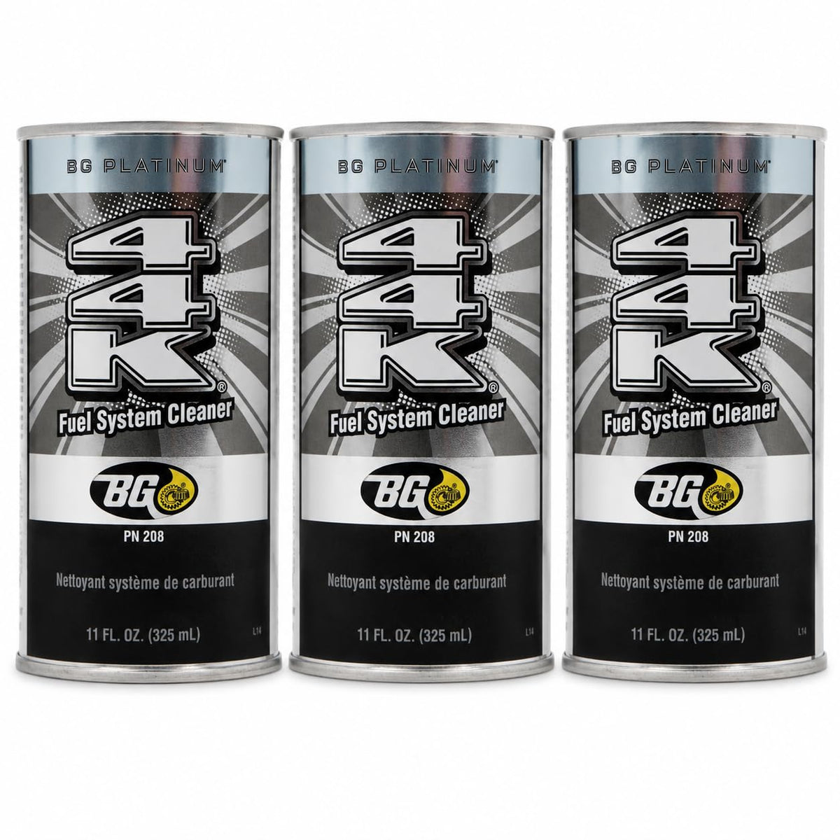 Motor God BG Platinum 44K pack front view showing three cans and key chain, maintenance convenience