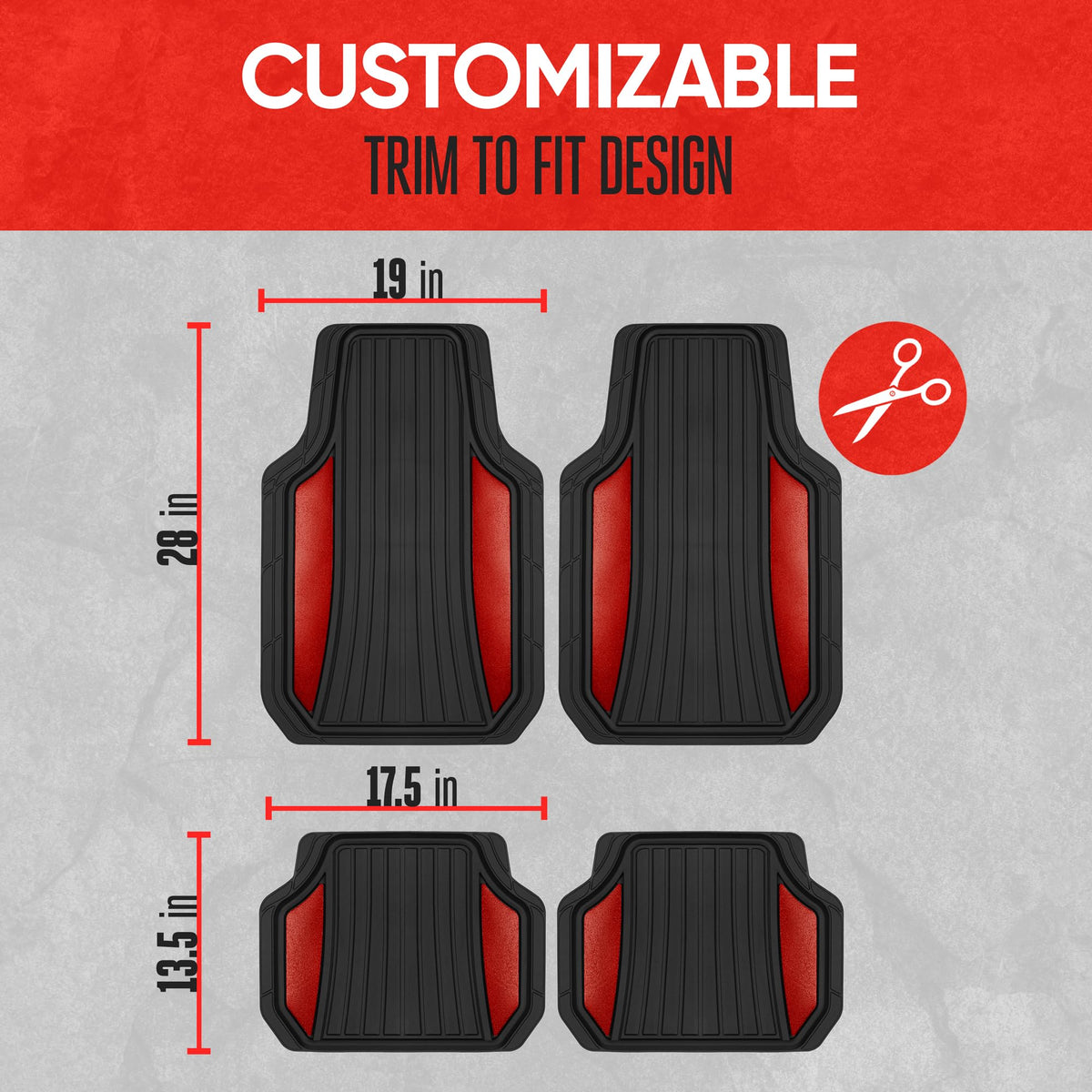 Motor Trend mats beside ruler showing trim-to-fit sizing convenience
