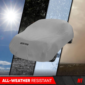 Motor Trend elastic hem and strap detail for secure fit and wind resistance