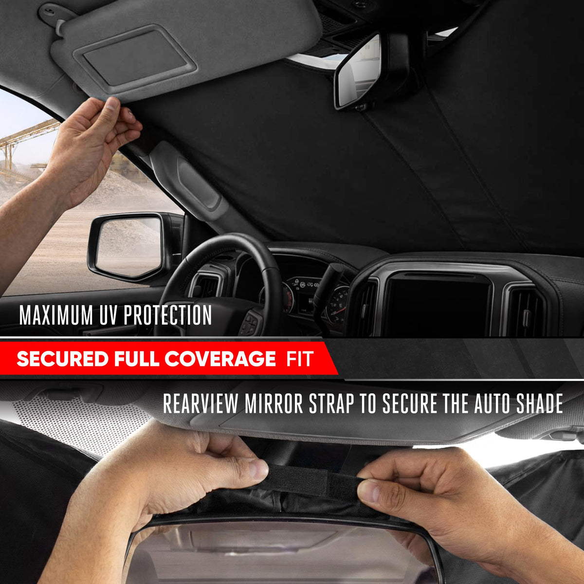 Motor Trend folded shade compact in center console for easy storage