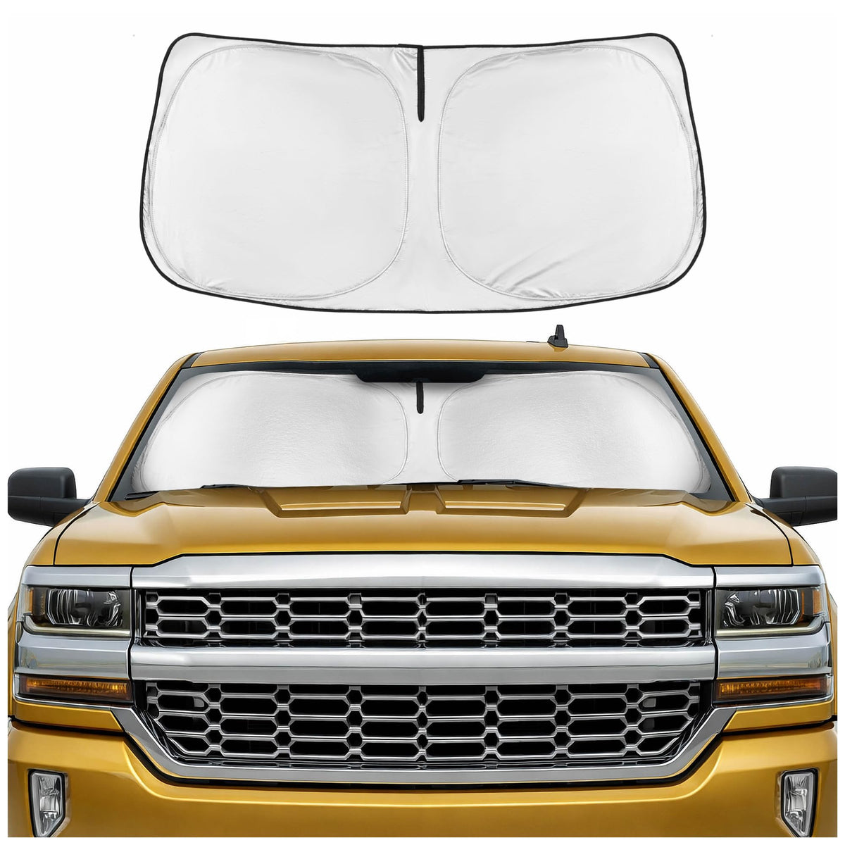 Motor Trend front view of sun shade on windshield showing full coverage benefit