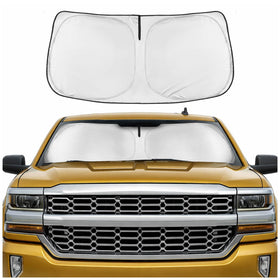 Motor Trend front view of sun shade on windshield showing full coverage benefit