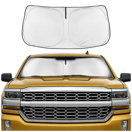 Motor Trend front view of sun shade on windshield showing full coverage benefit