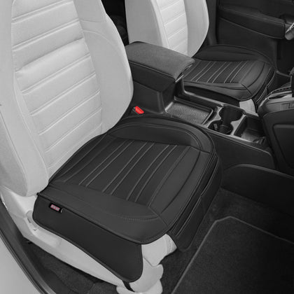 Motor Trend front view showing packaging and two black seat covers, protective benefit