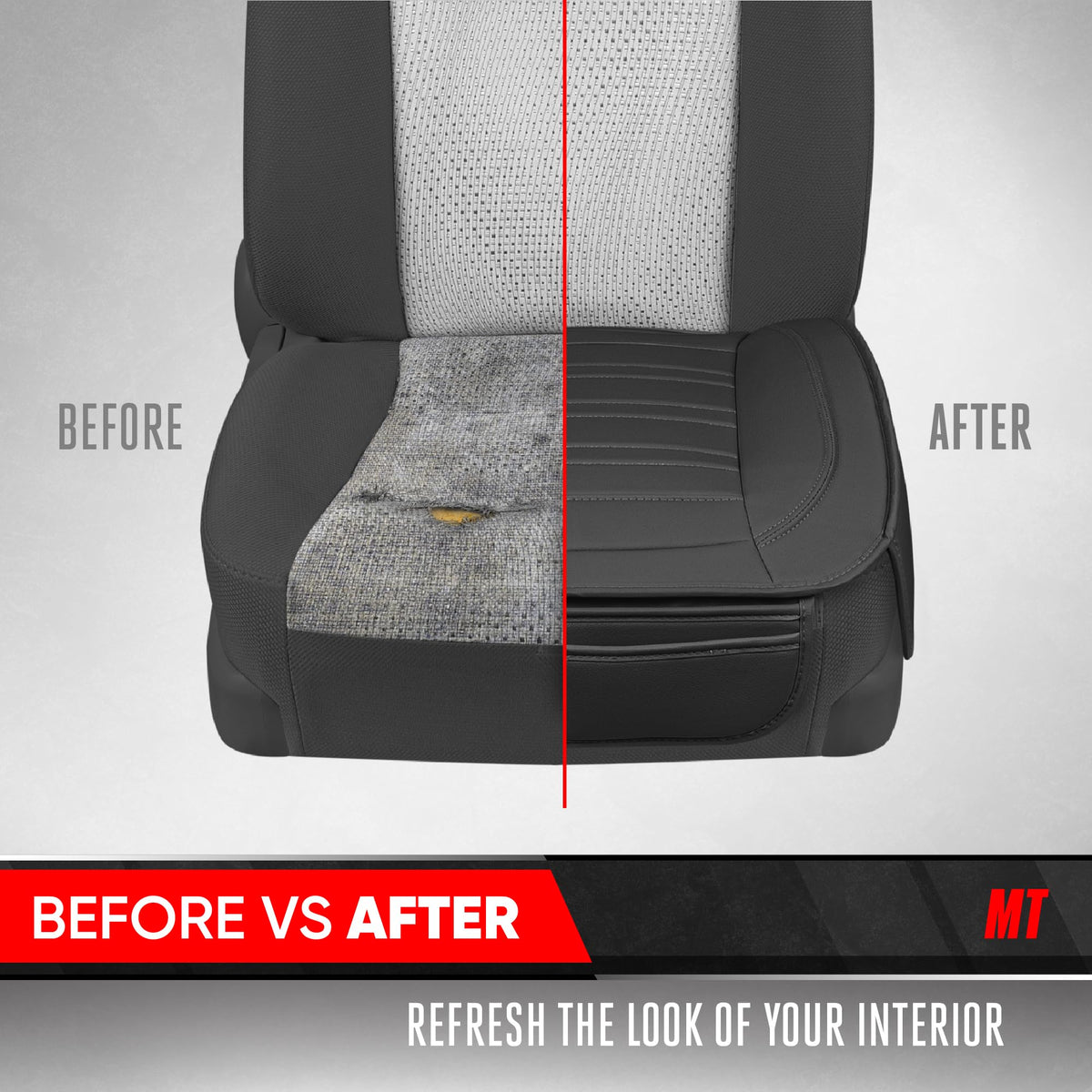 Motor Trend seat cover installed on vehicle seat demonstrating fit and protection