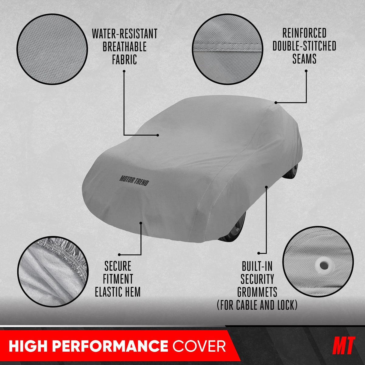 Motor Trend cover next to measuring tape showing fit for up to 210 inches