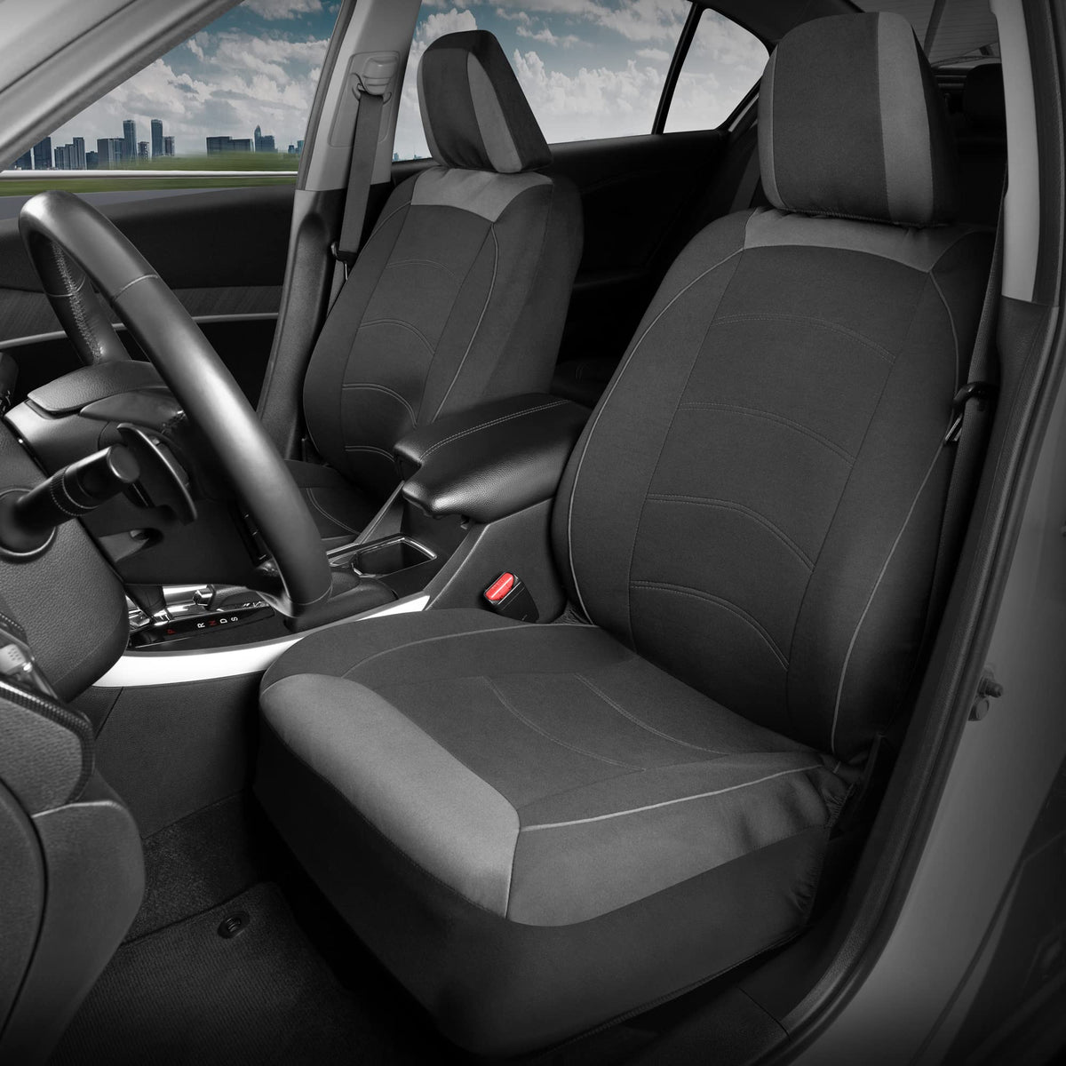 Motor Trend seat cover on driver seat illustrating snug fit benefit