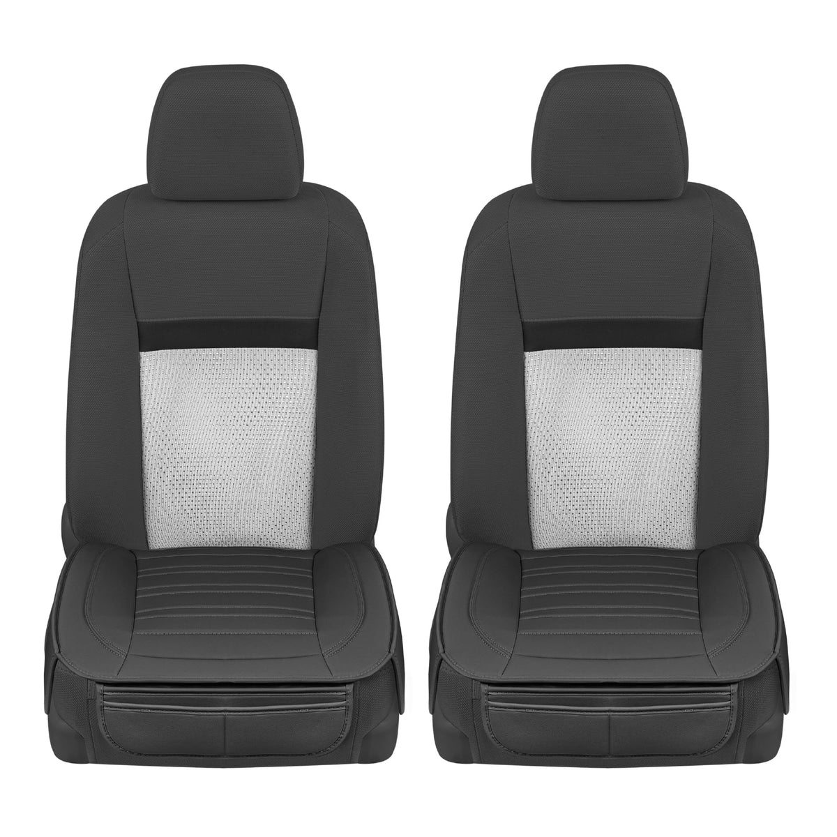 Motor Trend seat cover next to ruler showing 21 by 19.5 inch size for fit clarity