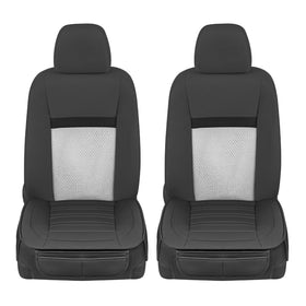 Motor Trend seat cover next to ruler showing 21 by 19.5 inch size for fit clarity