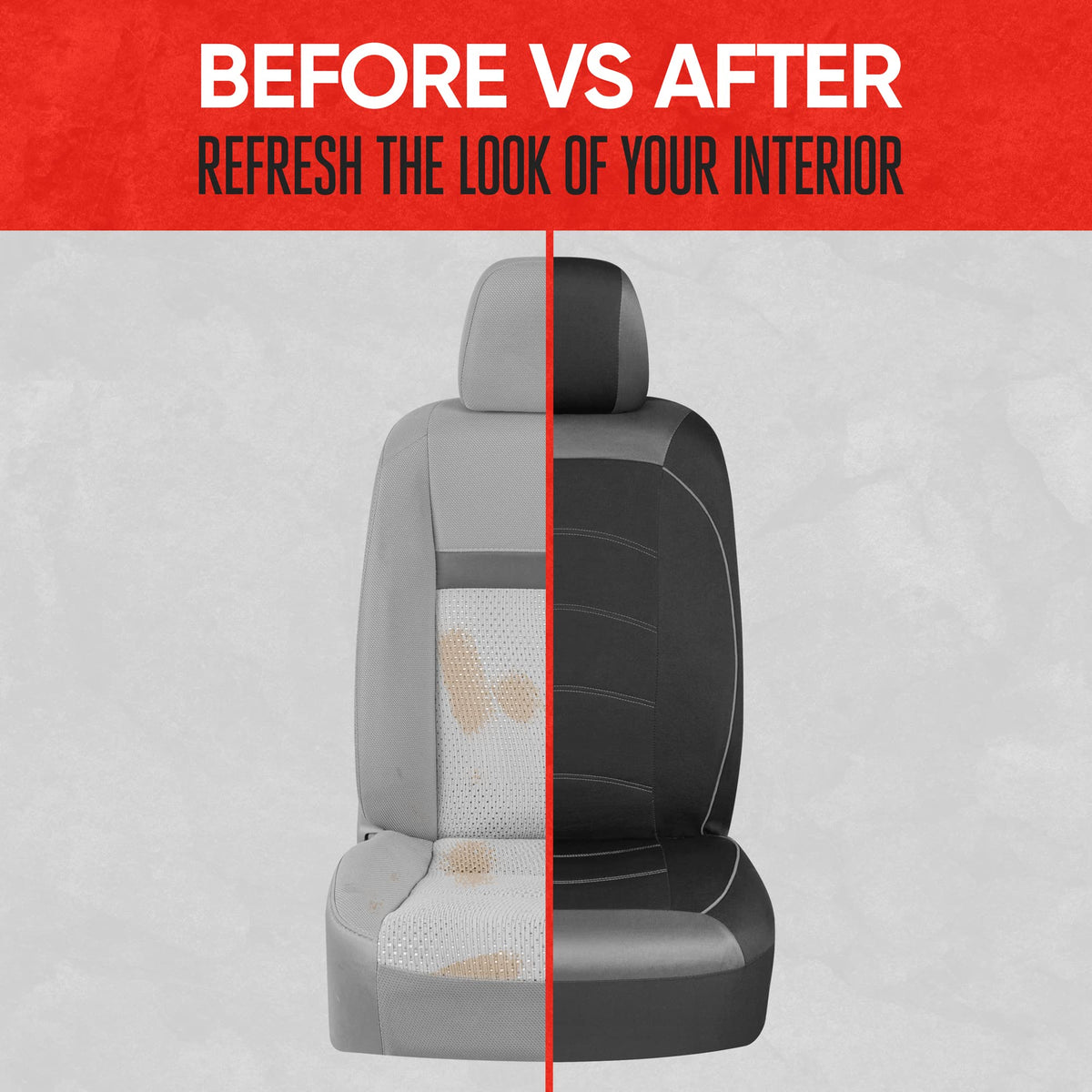 Motor Trend seat cover next to measuring guide showing universal fit