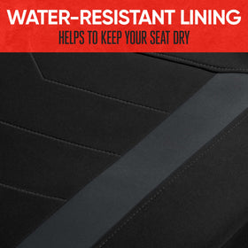 Motor Trend seat cover beside ruler illustrating fit and scale