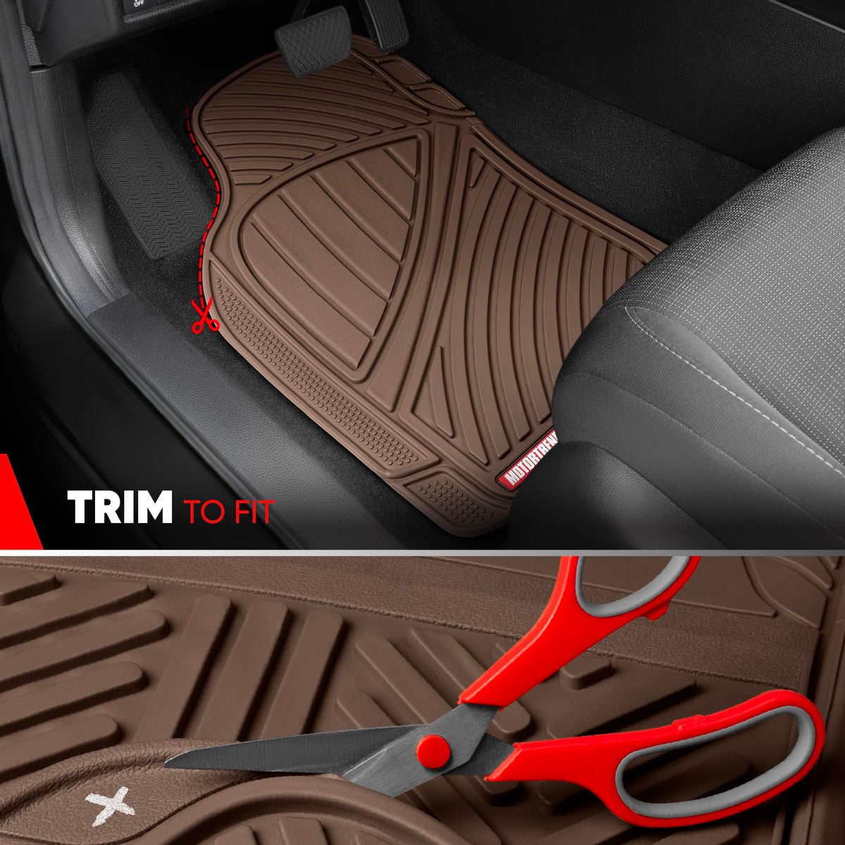 Motor Trend trim guide markings indicating easy scissors trimming for fit