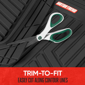 Motor Trend trimming guide with scissors demonstrating easy custom fitting