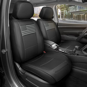 MotorBox front seat cover showing black flag design and instant interior upgrade