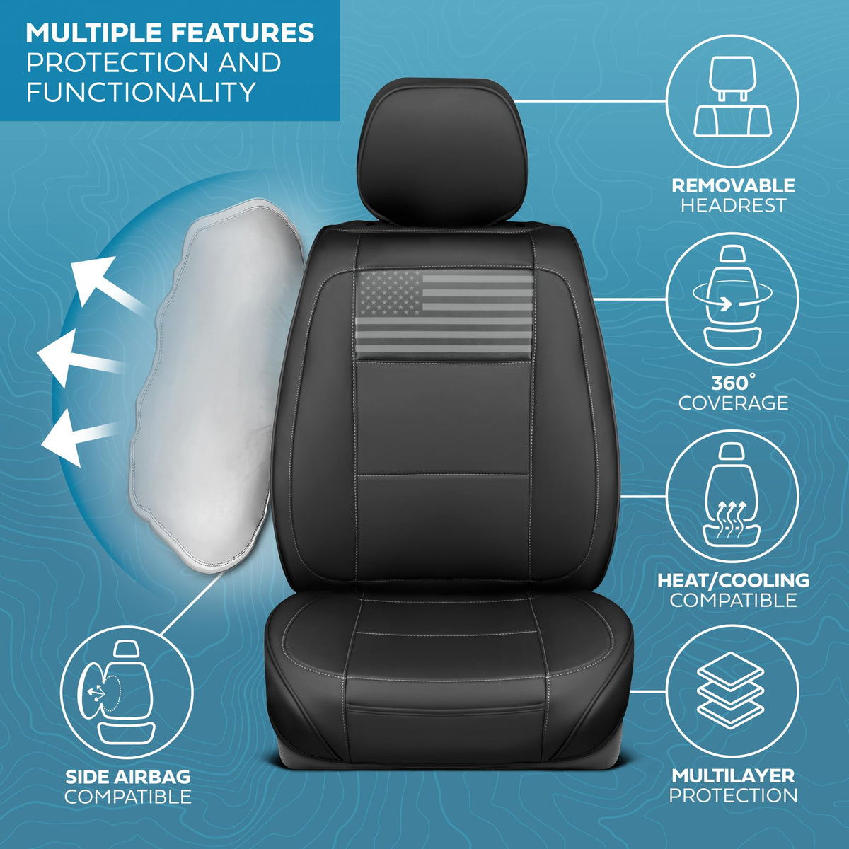 MotorBox seat cover in SUV lifestyle scene showing patriotic style on the road