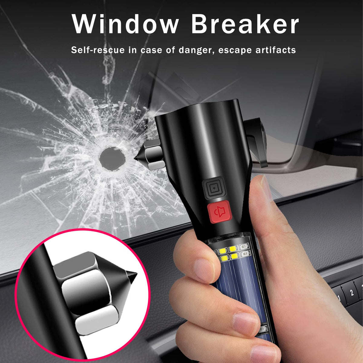 MOTORBUDDY seatbelt cutter detail demonstrating safe, recessed blade