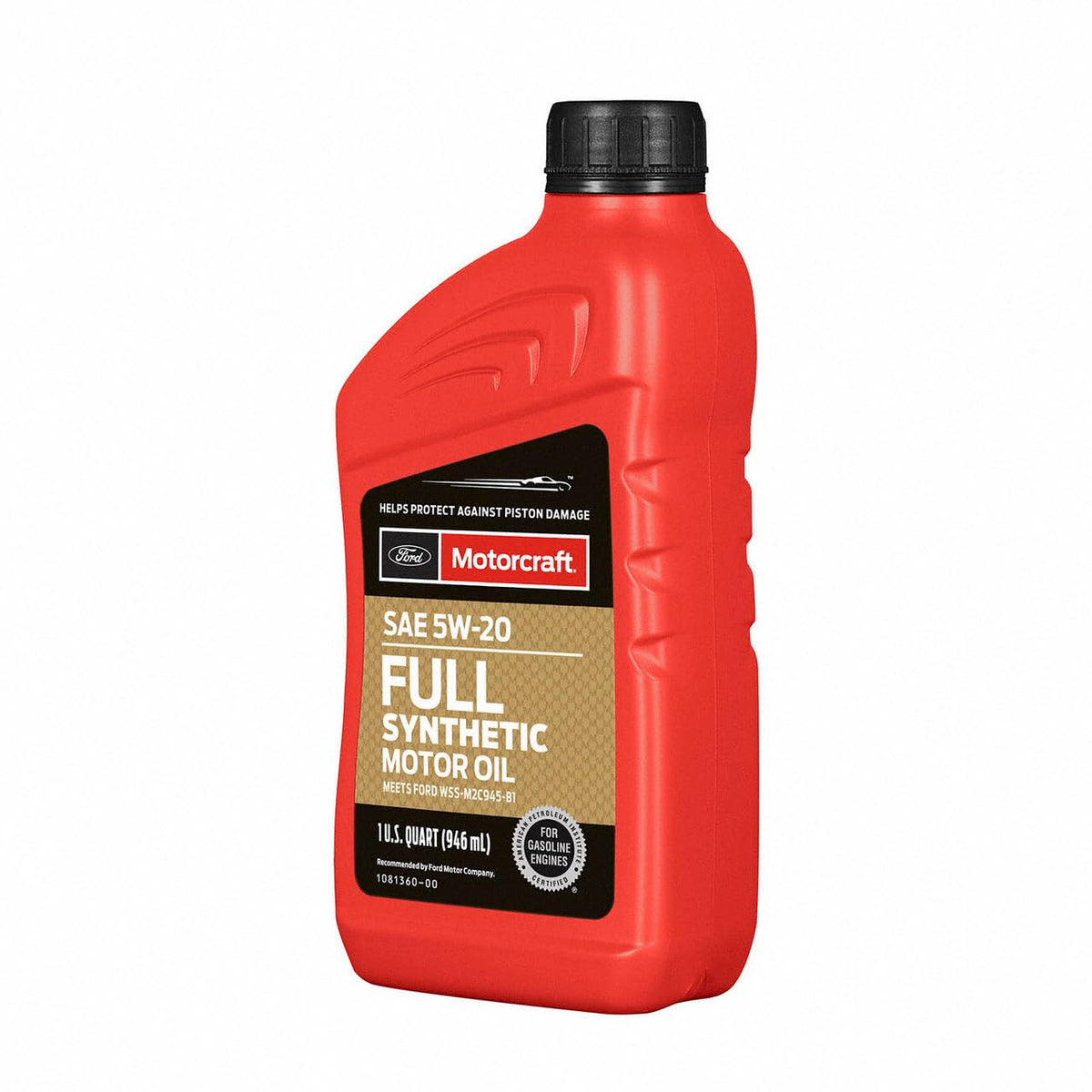 Motorcraft front-quart bottle showing label and clear engine protection benefits