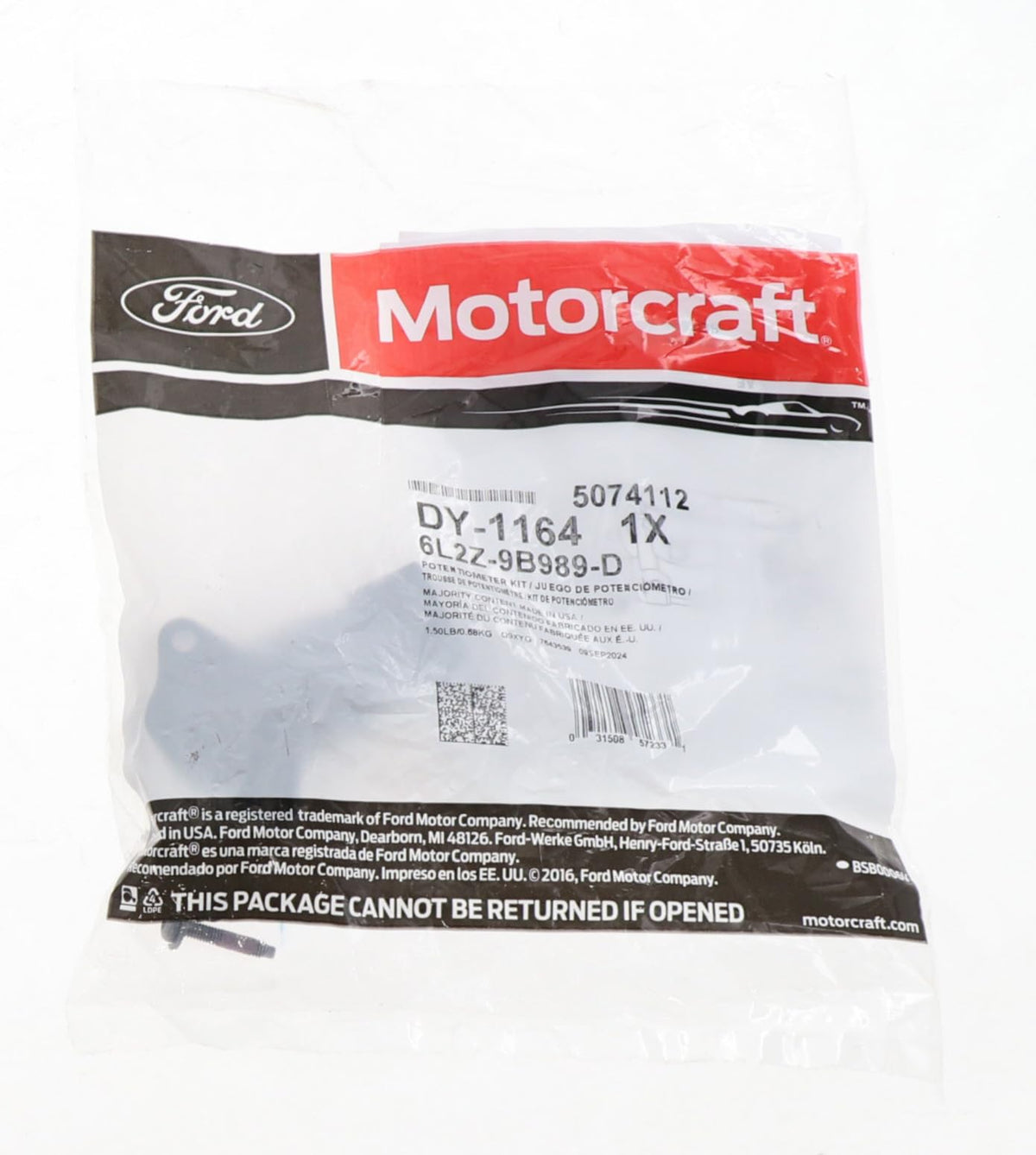 Motorcraft DY1164 packaging label proving genuine Motorcraft part